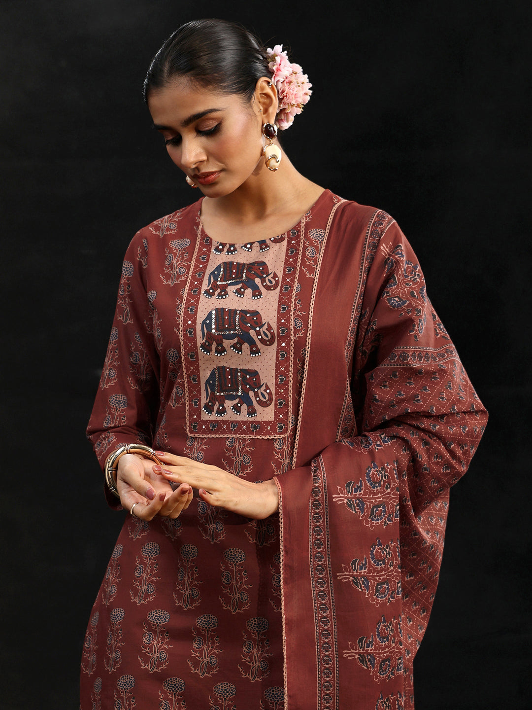 Libas Rust Brown Ajrakh-Inspired Cotton Straight Suit Set
