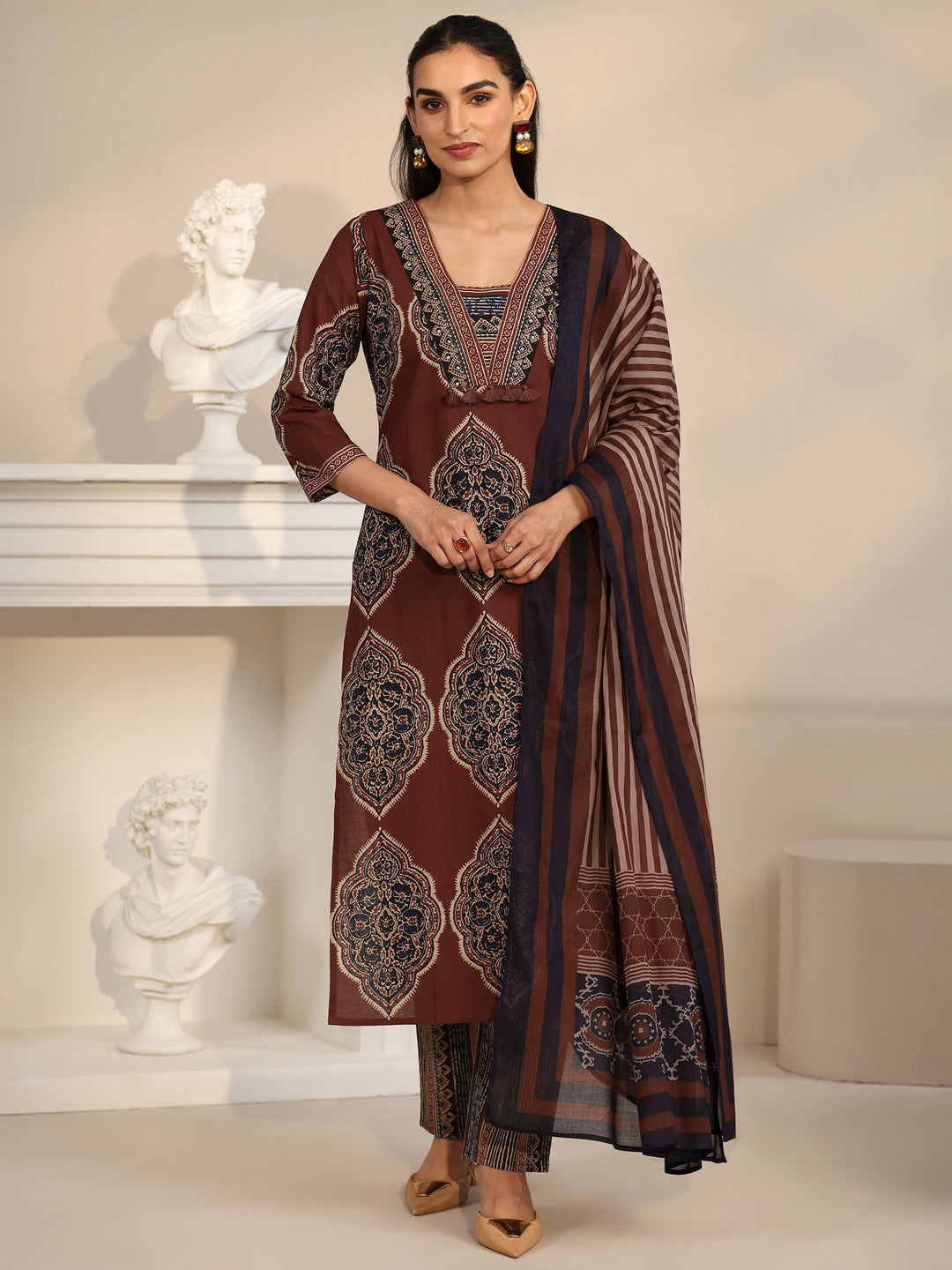Libas Maroon Red Printed Cotton Straight Suit Set with Tassel Yoke