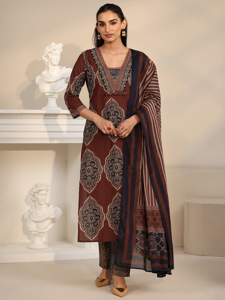 Libas Maroon Red Printed Cotton Straight Suit Set with Tassel Yoke