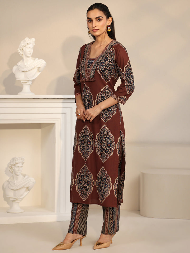 Libas Maroon Red Printed Cotton Straight Suit Set with Tassel Yoke