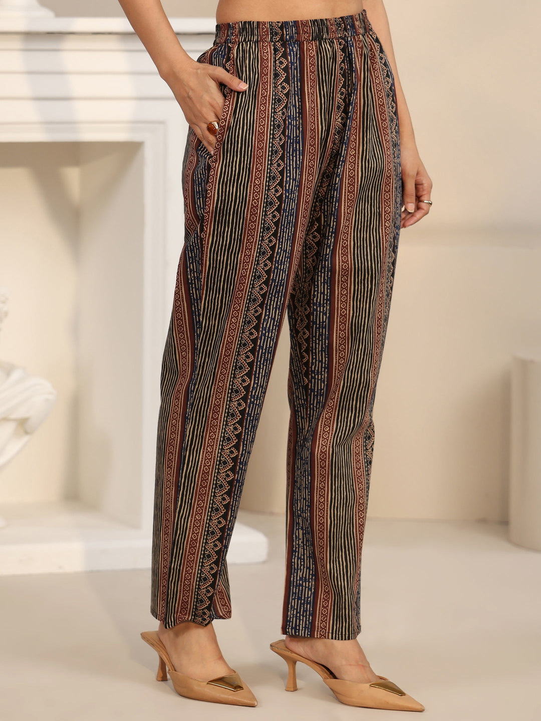 Libas Maroon Red Printed Cotton Straight Suit Set with Tassel Yoke