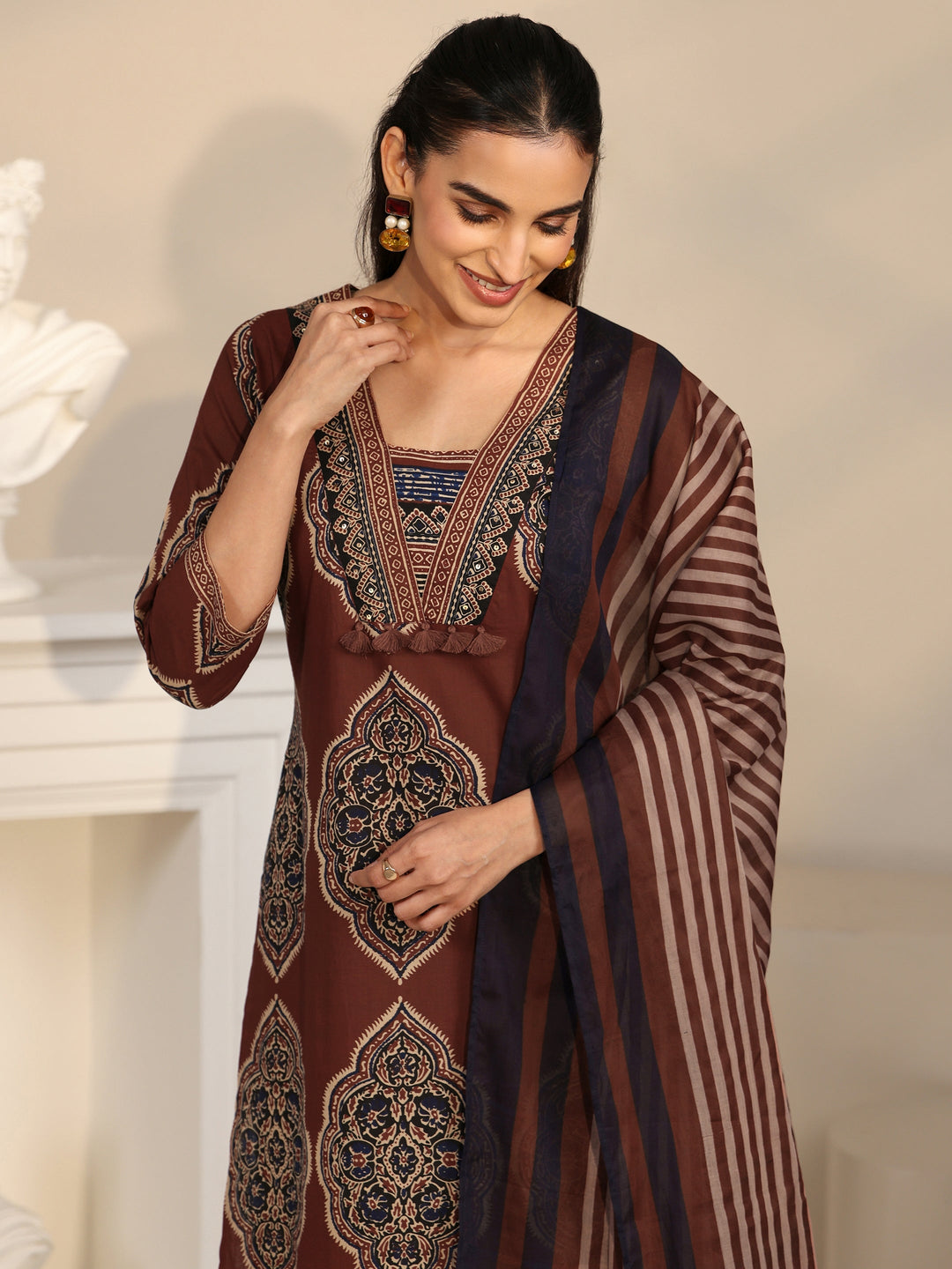 Libas Maroon Red Printed Cotton Straight Suit Set with Tassel Yoke