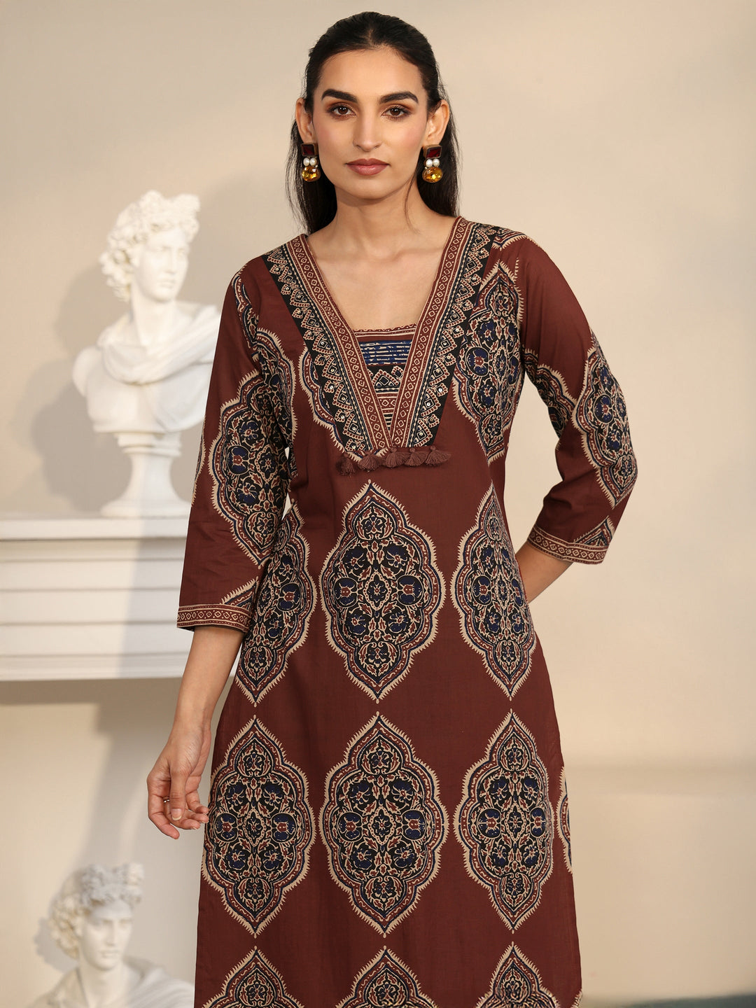 Libas Maroon Red Printed Cotton Straight Suit Set with Tassel Yoke