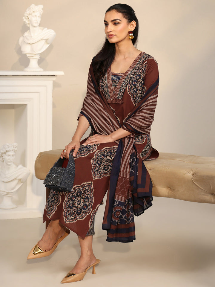 Libas Maroon Red Printed Cotton Straight Suit Set with Tassel Yoke