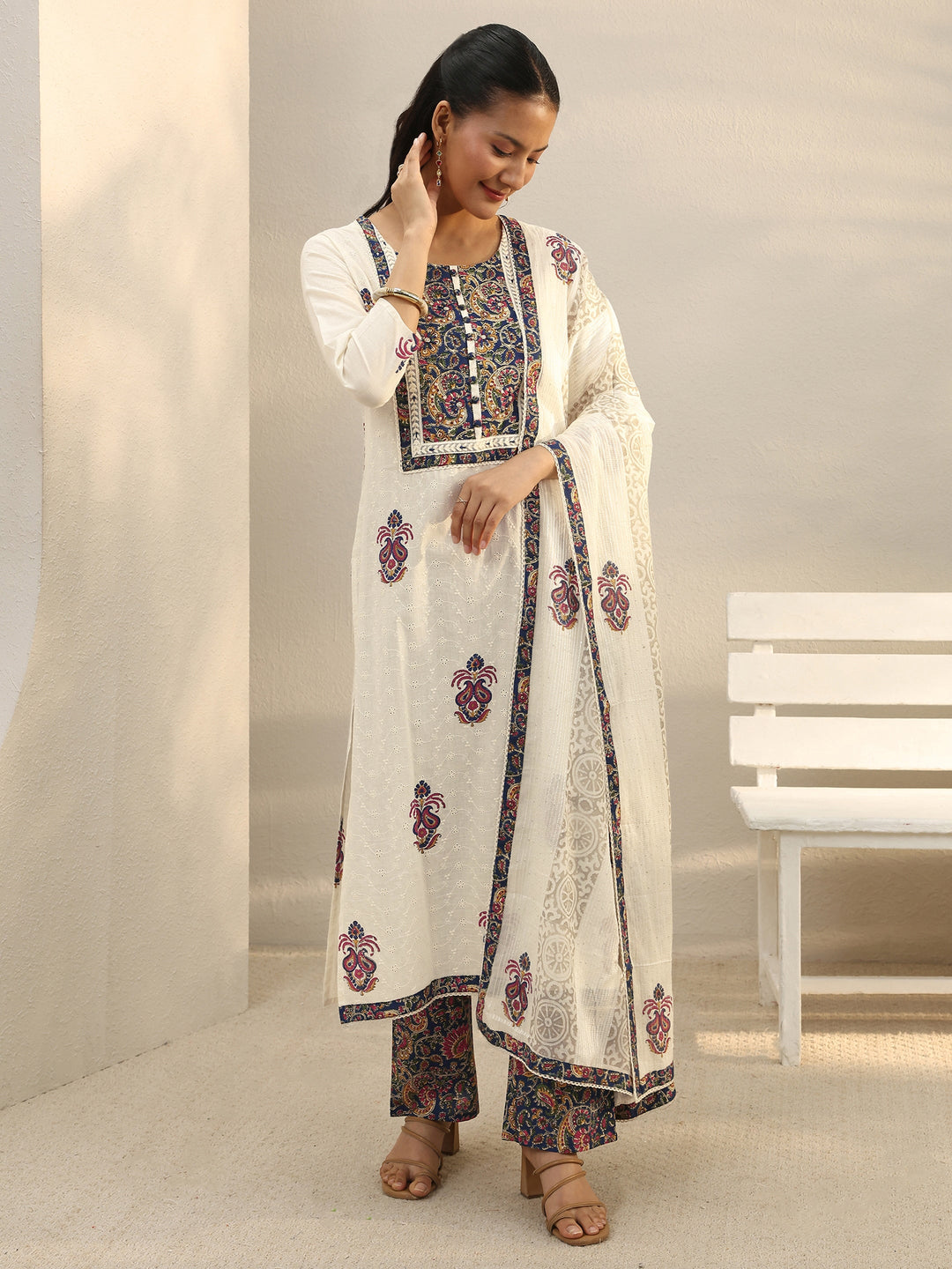 Off White Floral Embroidered Cotton Straight Suit Set