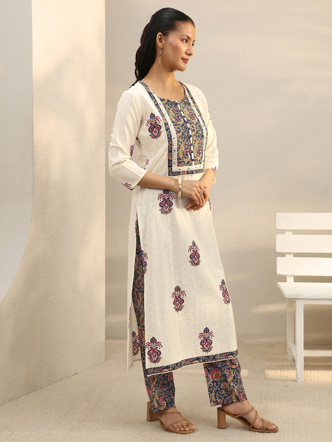 Off White Floral Embroidered Cotton Straight Suit Set