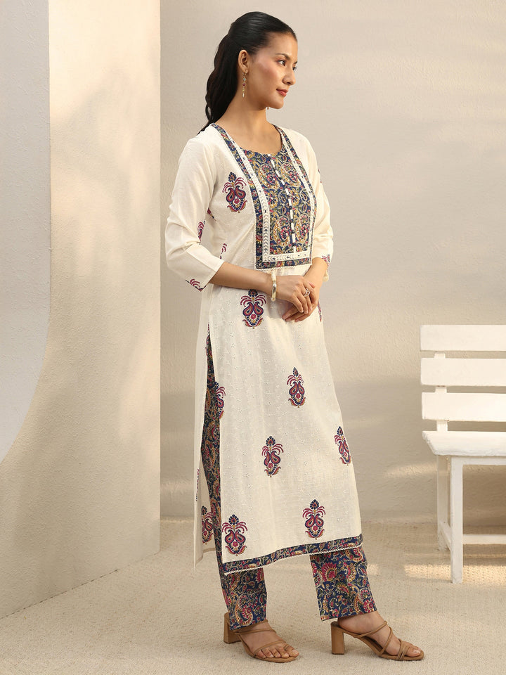 Off White Floral Embroidered Cotton Straight Suit Set