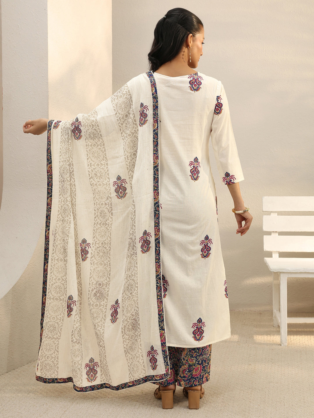 Off White Floral Embroidered Cotton Straight Suit Set