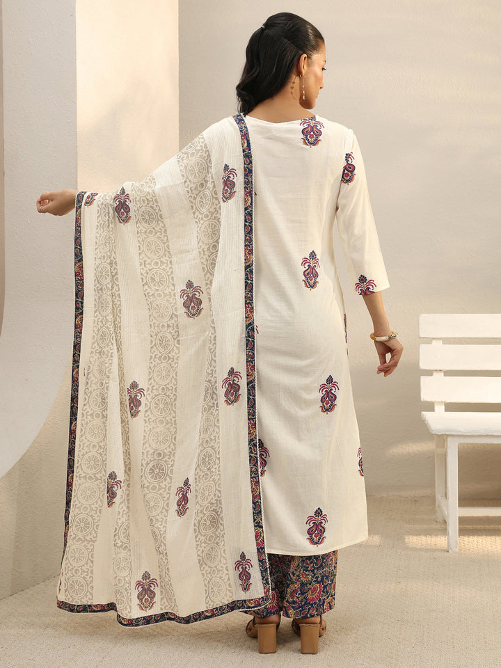 Off White Floral Embroidered Cotton Straight Suit Set