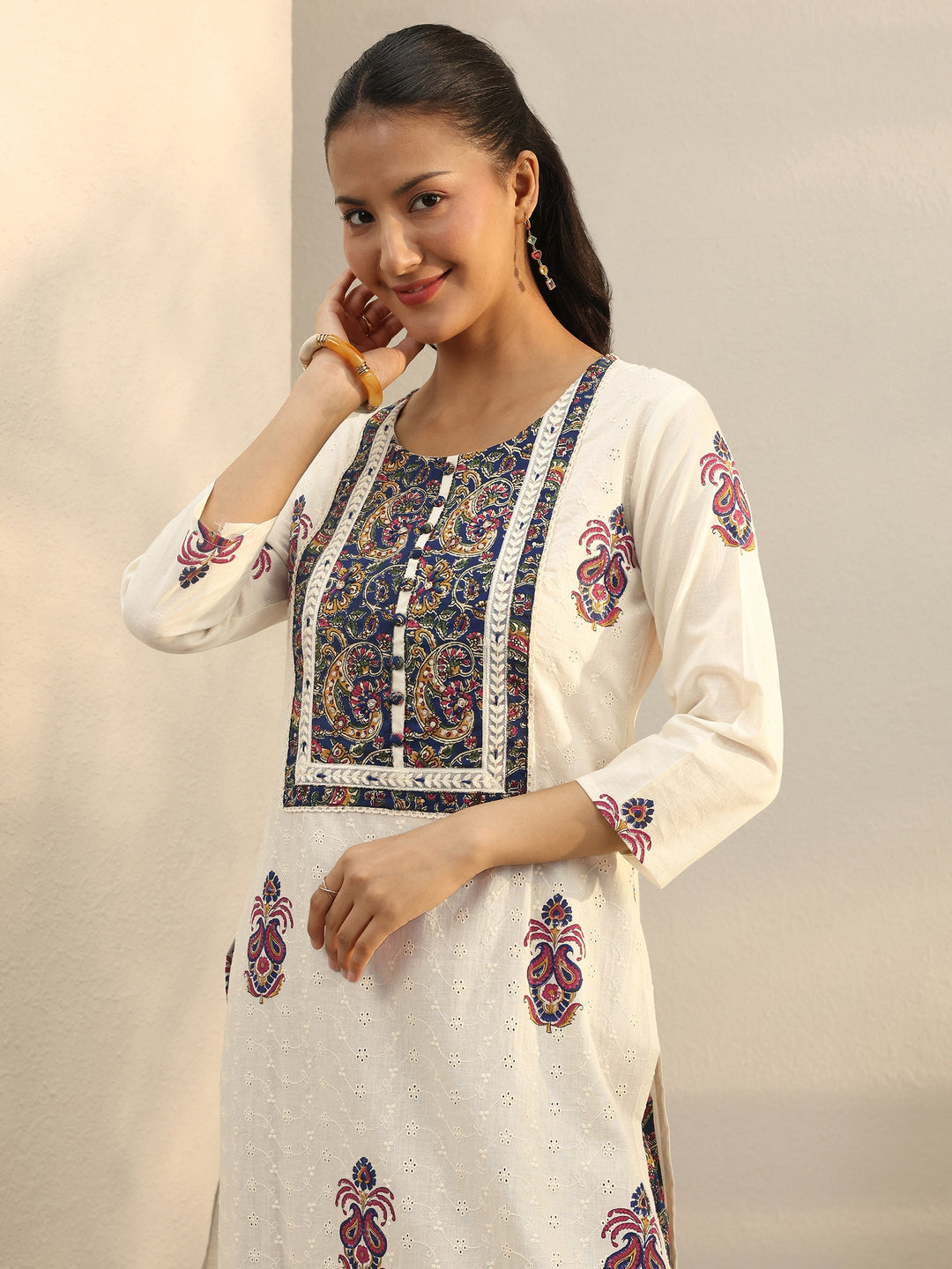 Off White Floral Embroidered Cotton Straight Suit Set
