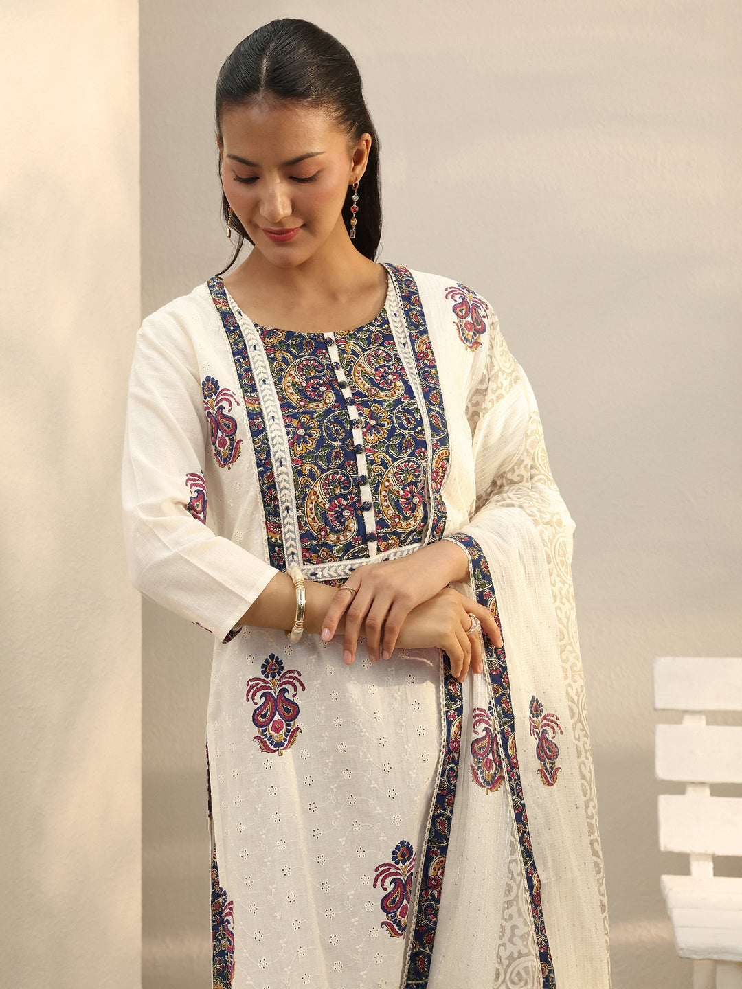 Off White Floral Embroidered Cotton Straight Suit Set