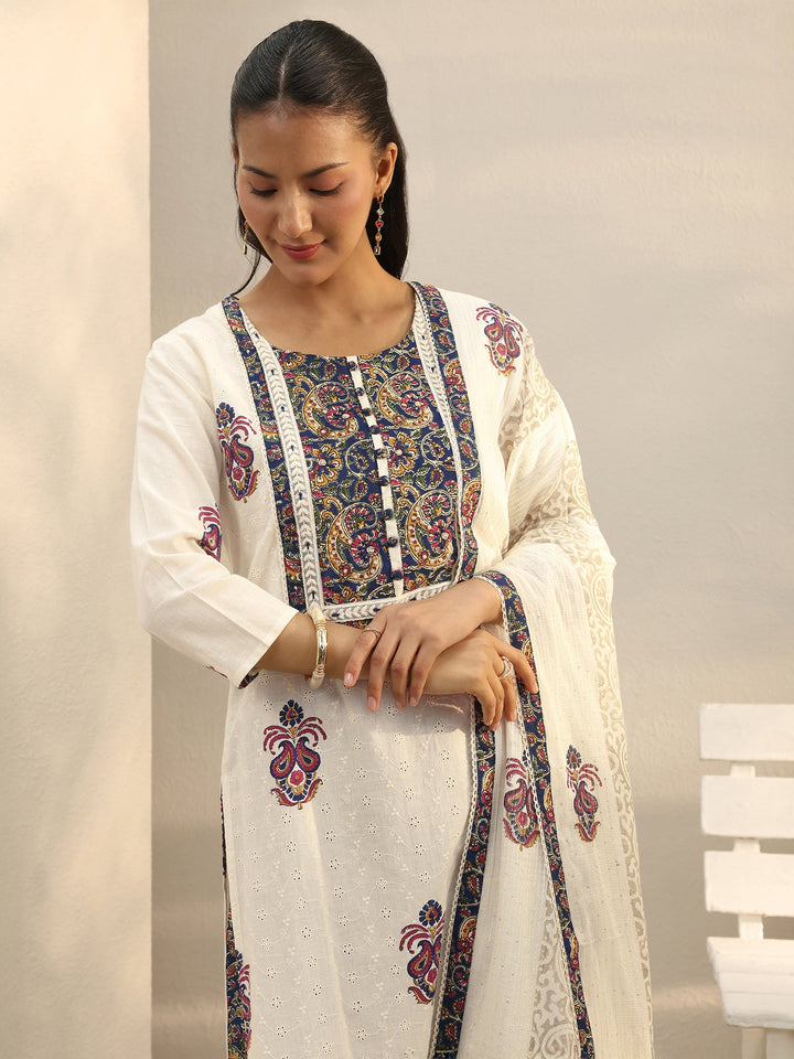 Off White Floral Embroidered Cotton Straight Suit Set