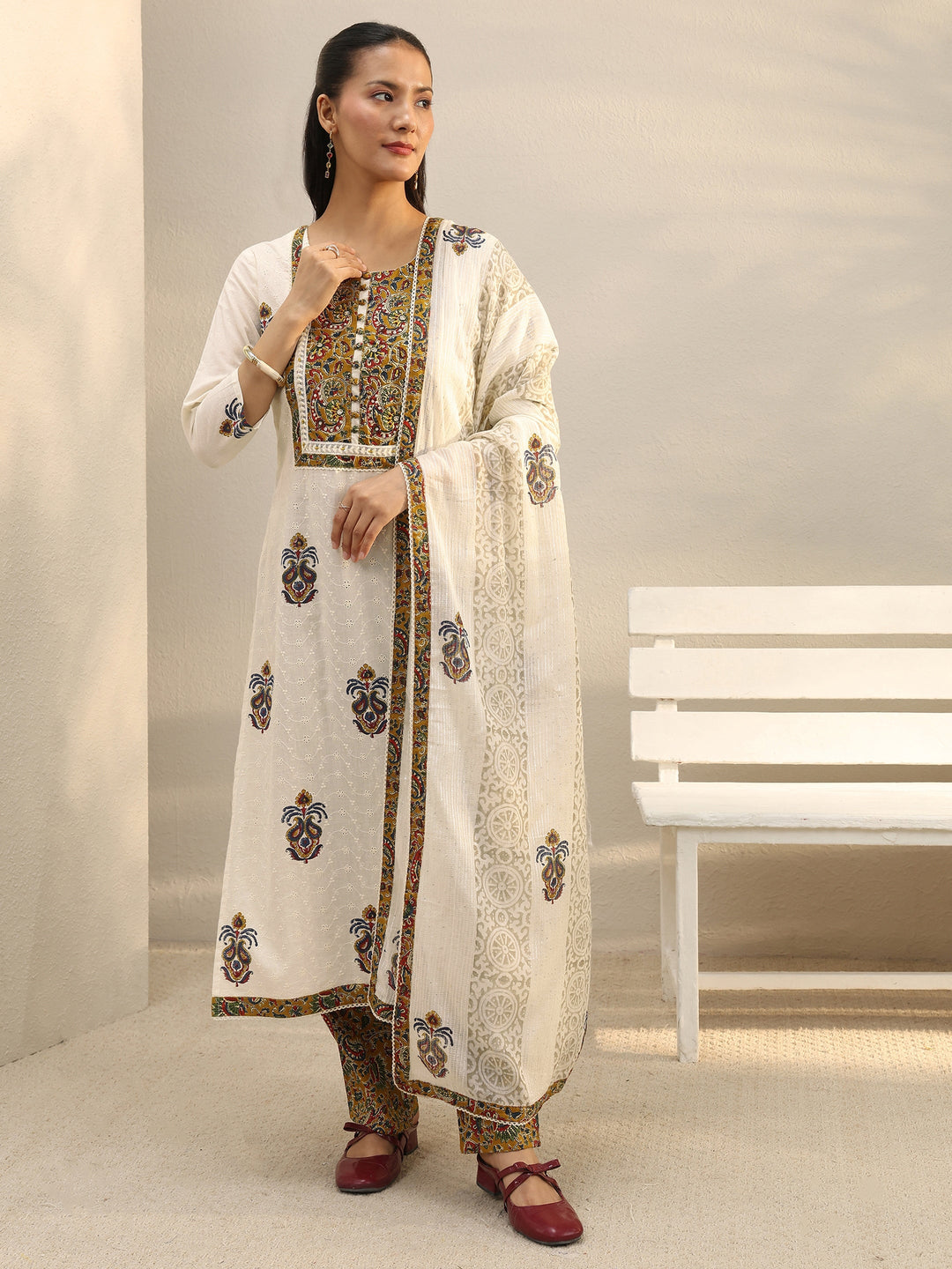 Off White Floral Embroidered Cotton Straight Suit Set