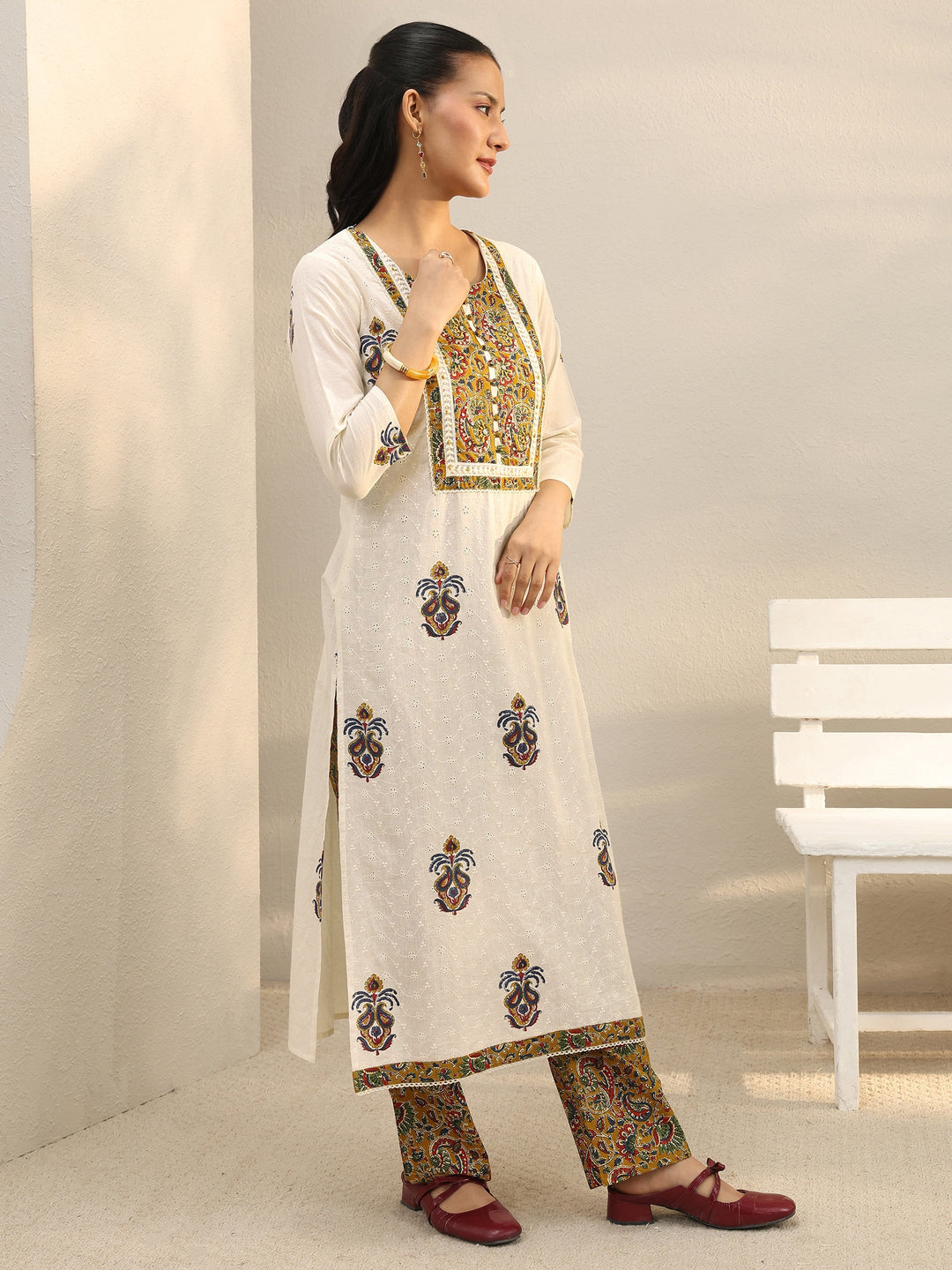 Off White Floral Embroidered Cotton Straight Suit Set