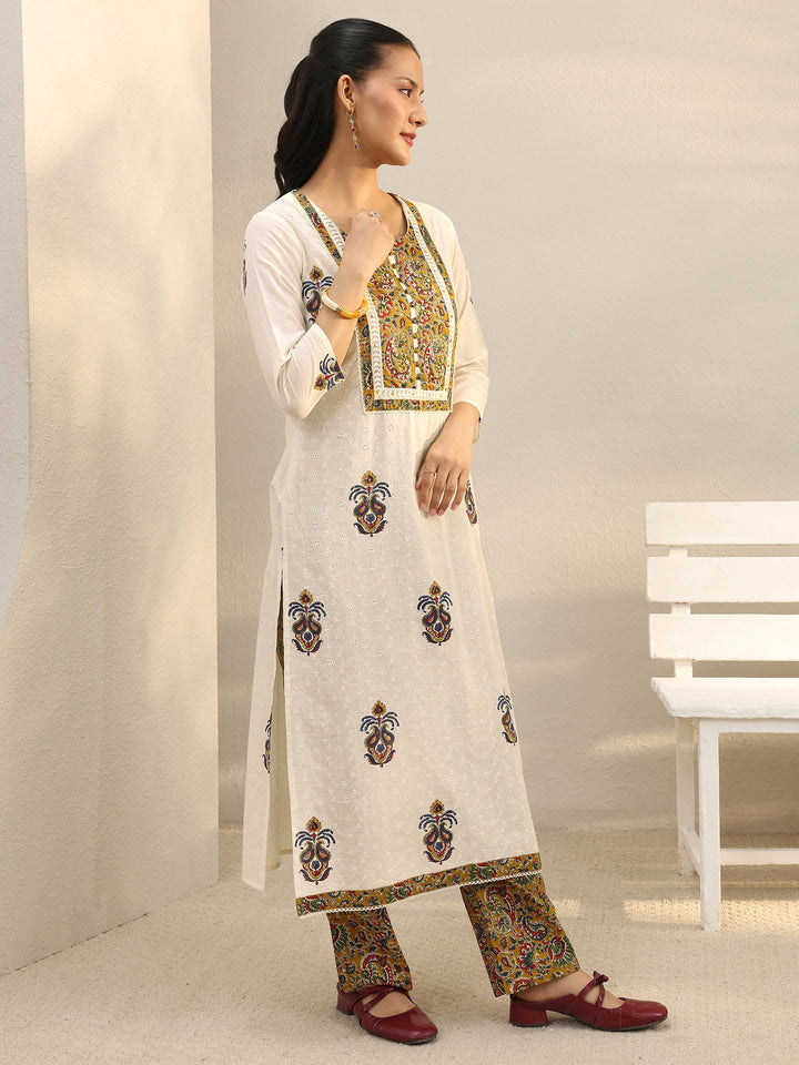 Off White Floral Embroidered Cotton Straight Suit Set