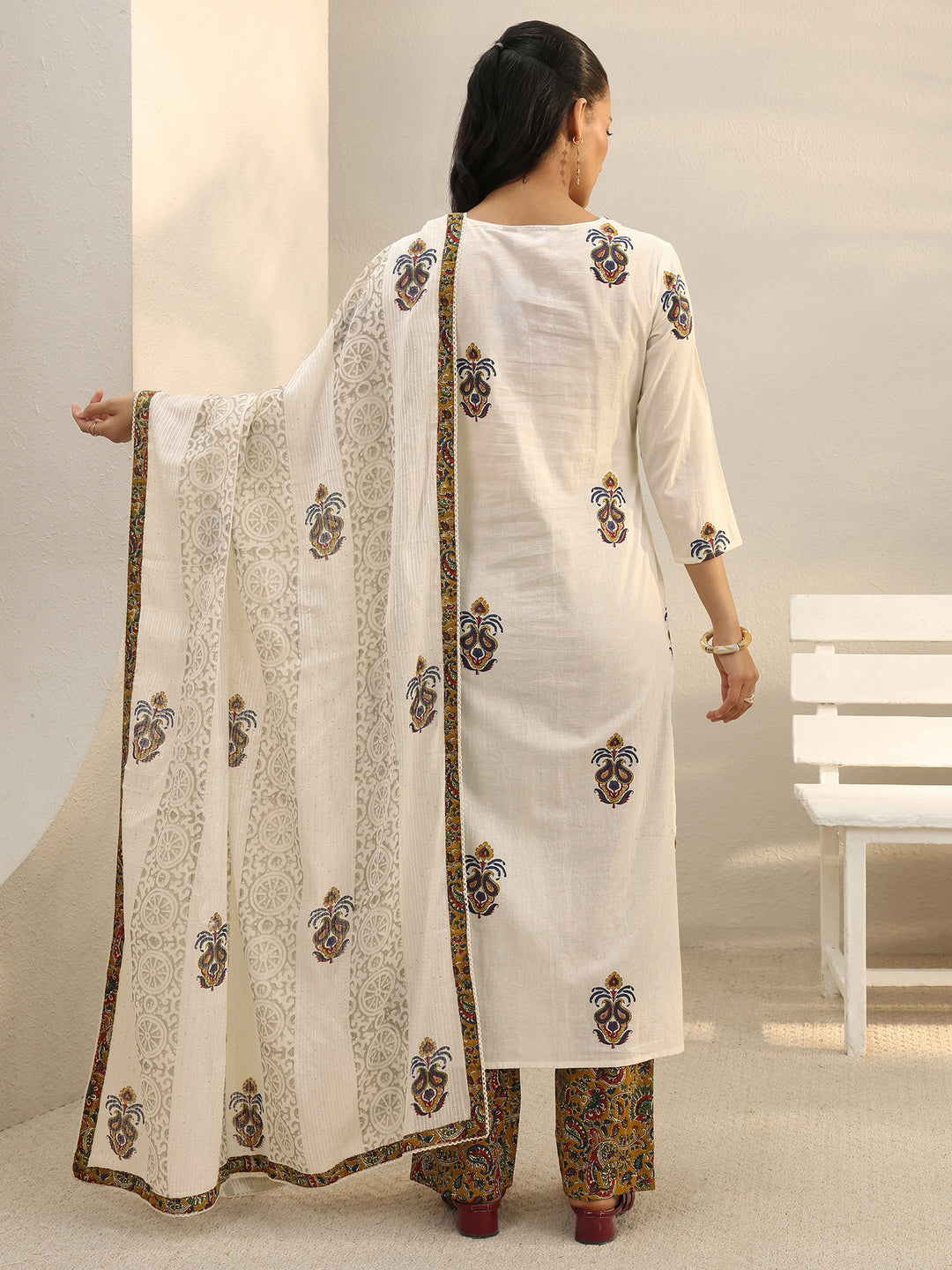 Off White Floral Embroidered Cotton Straight Suit Set