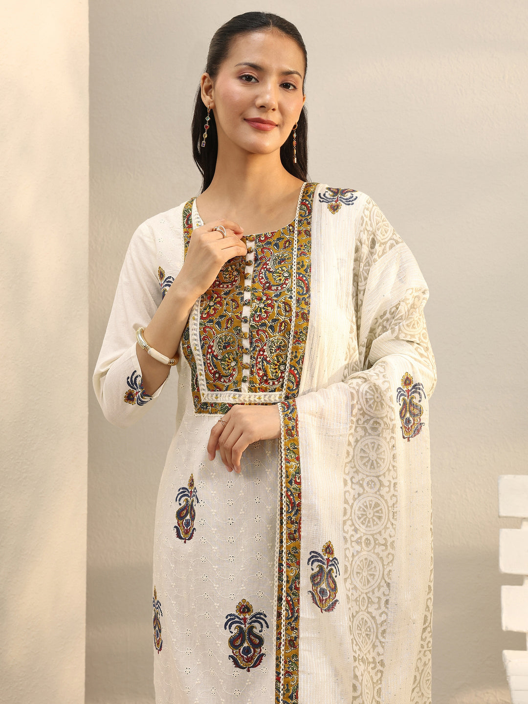 Off White Floral Embroidered Cotton Straight Suit Set