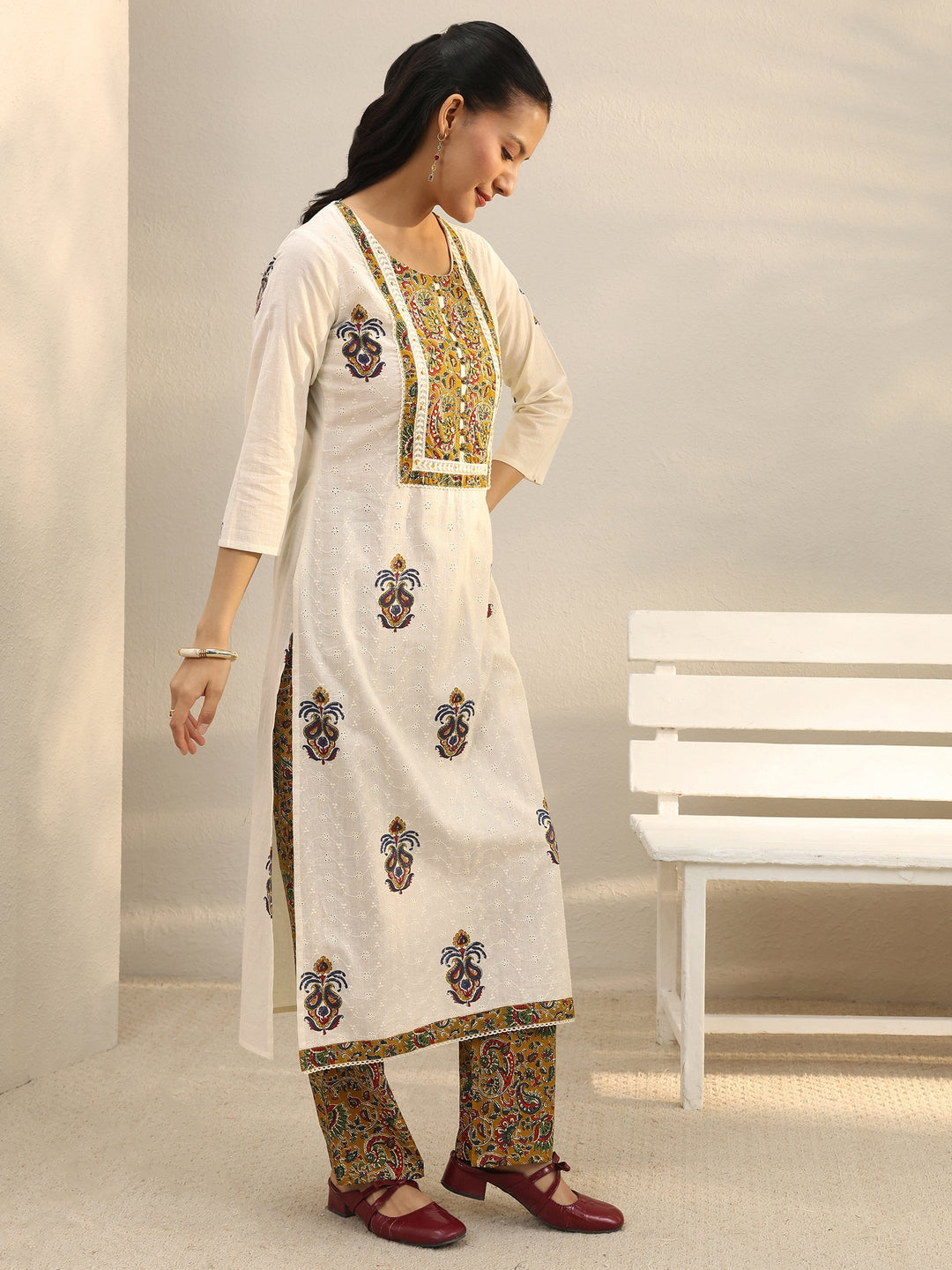 Off White Floral Embroidered Cotton Straight Suit Set