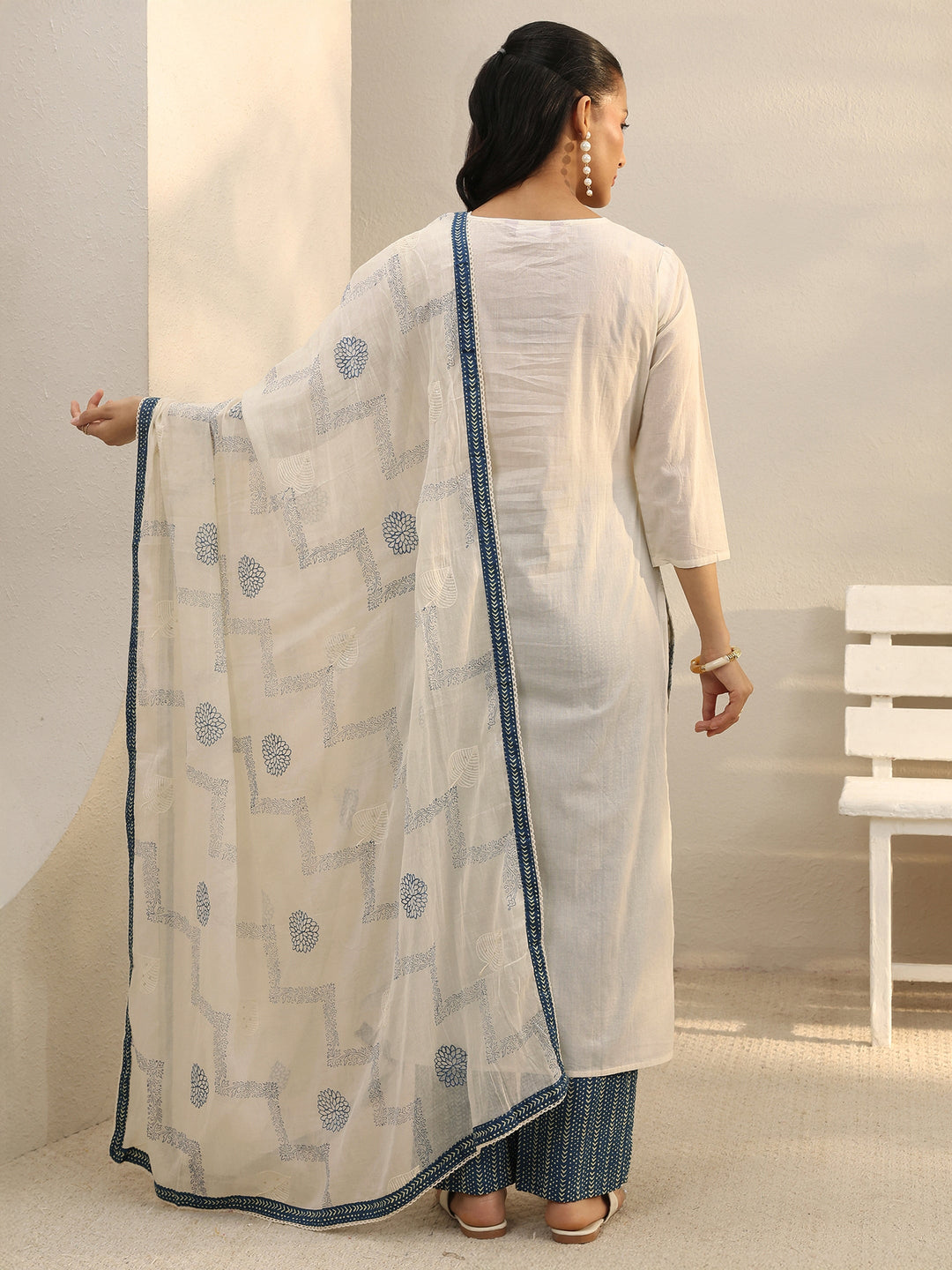Off White Floral Embroidered Cotton Straight Suit Set
