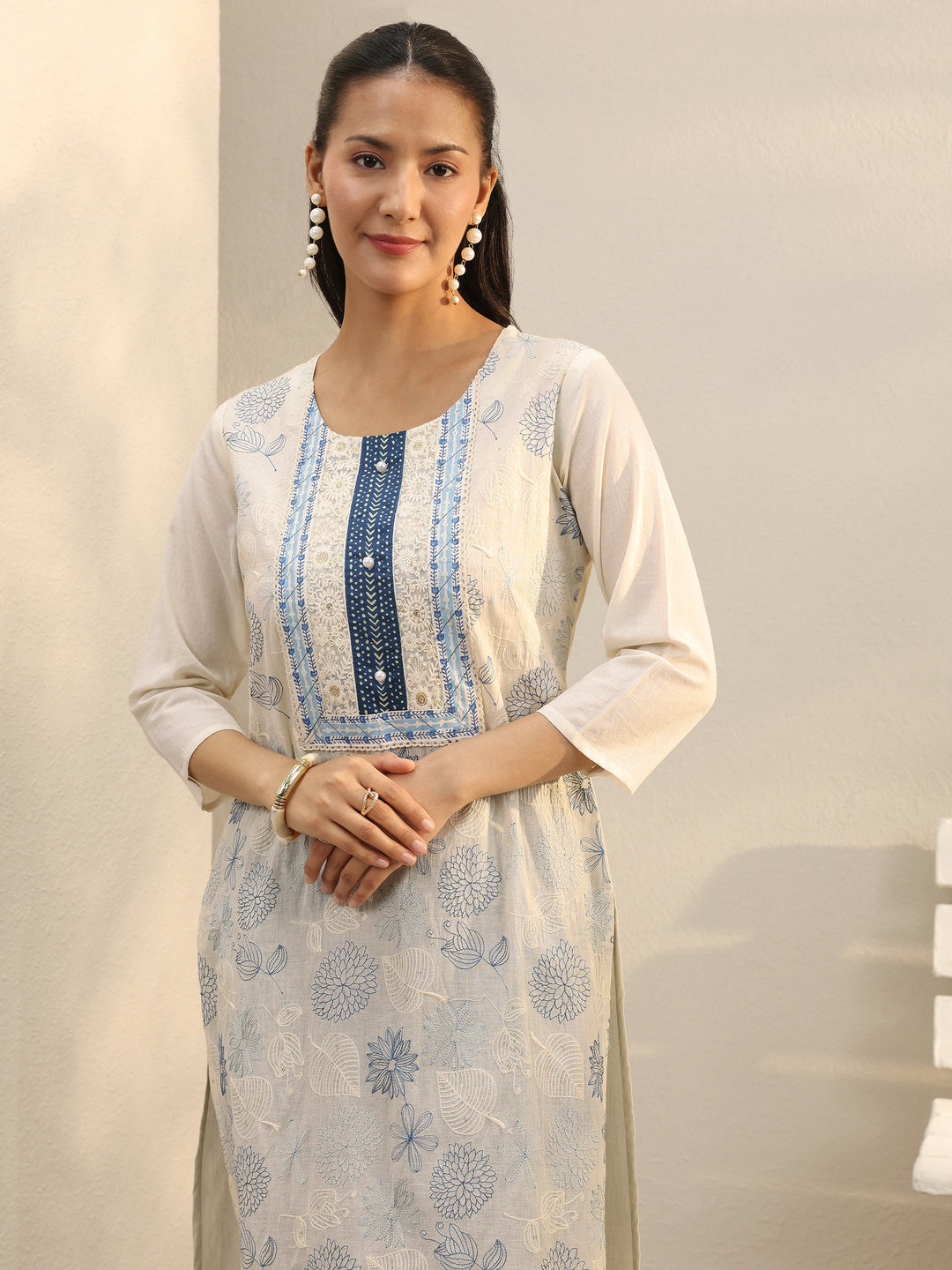 Off White Floral Embroidered Cotton Straight Suit Set