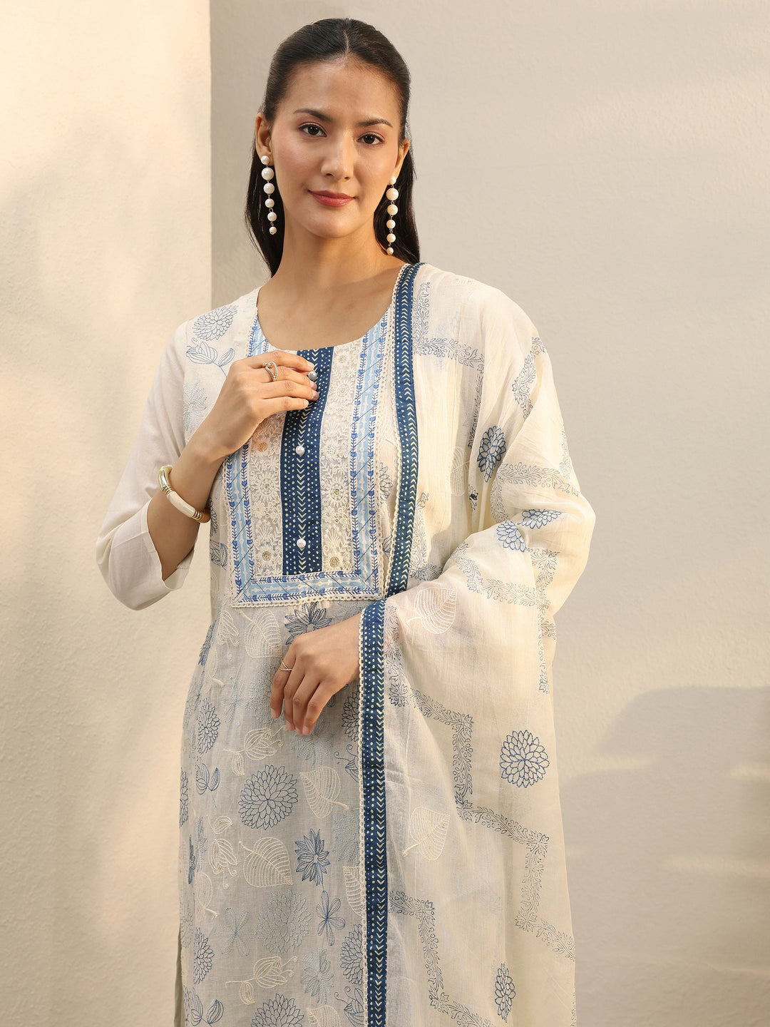 Off White Floral Embroidered Cotton Straight Suit Set