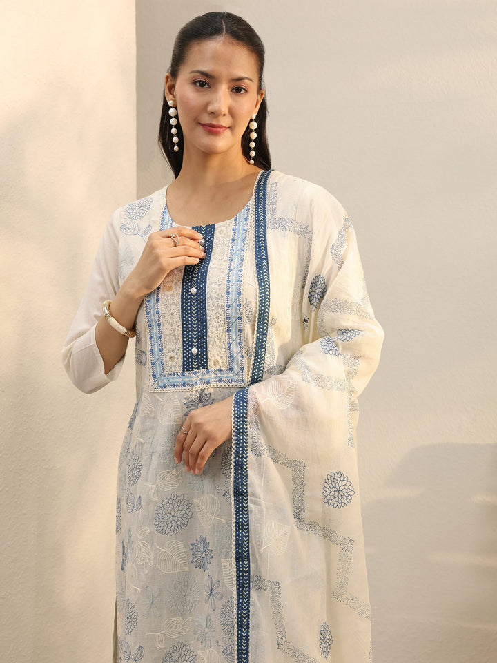 Off White Floral Embroidered Cotton Straight Suit Set