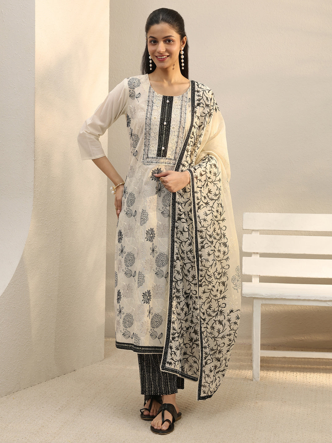Off White Floral Embroidered Cotton Straight Suit Set