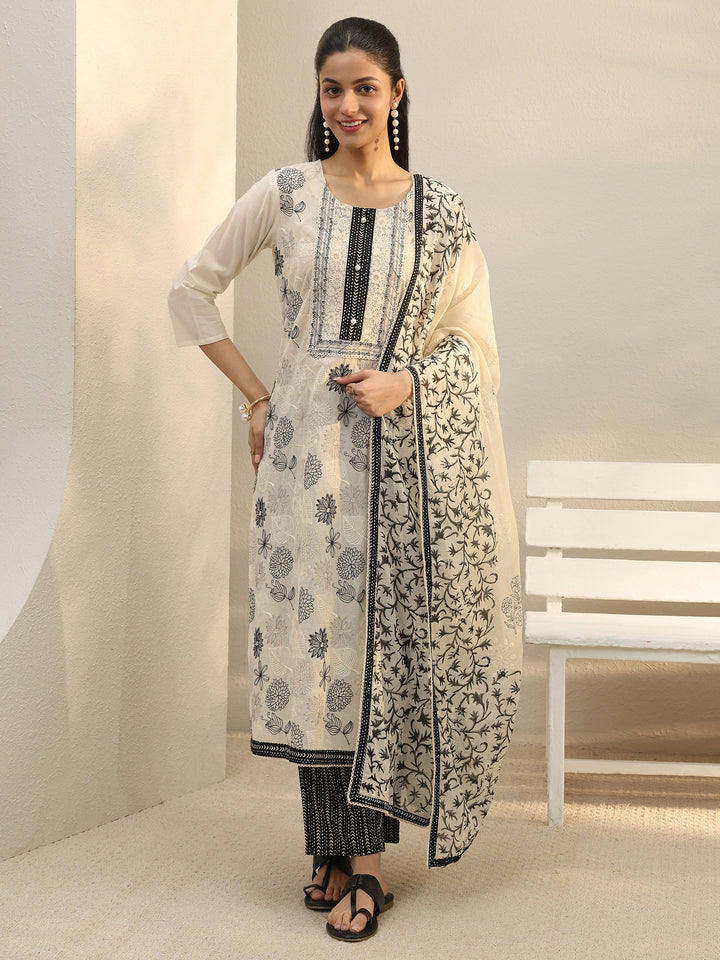 Off White Floral Embroidered Cotton Straight Suit Set