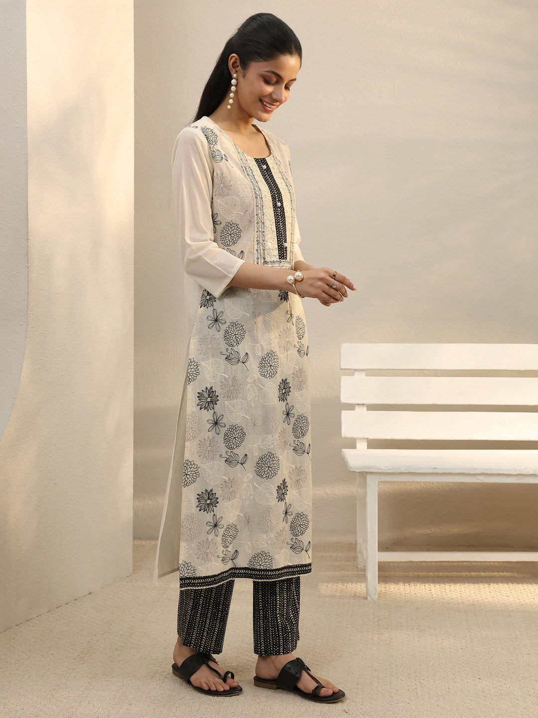 Off White Floral Embroidered Cotton Straight Suit Set
