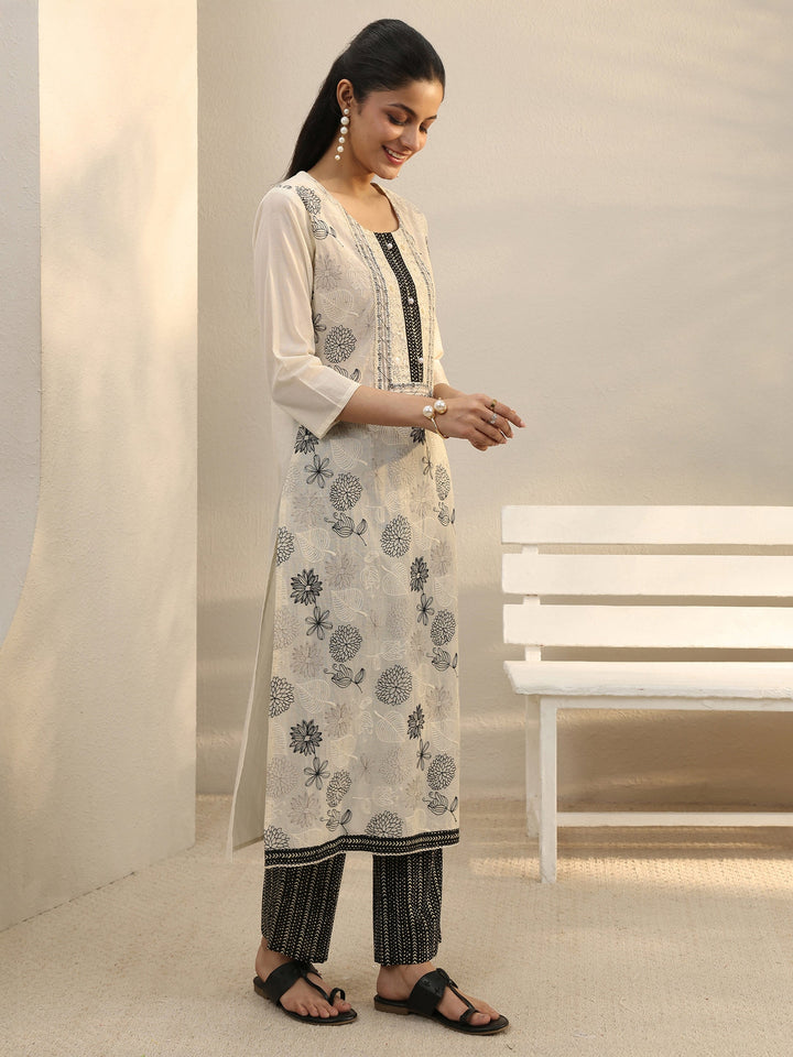 Off White Floral Embroidered Cotton Straight Suit Set