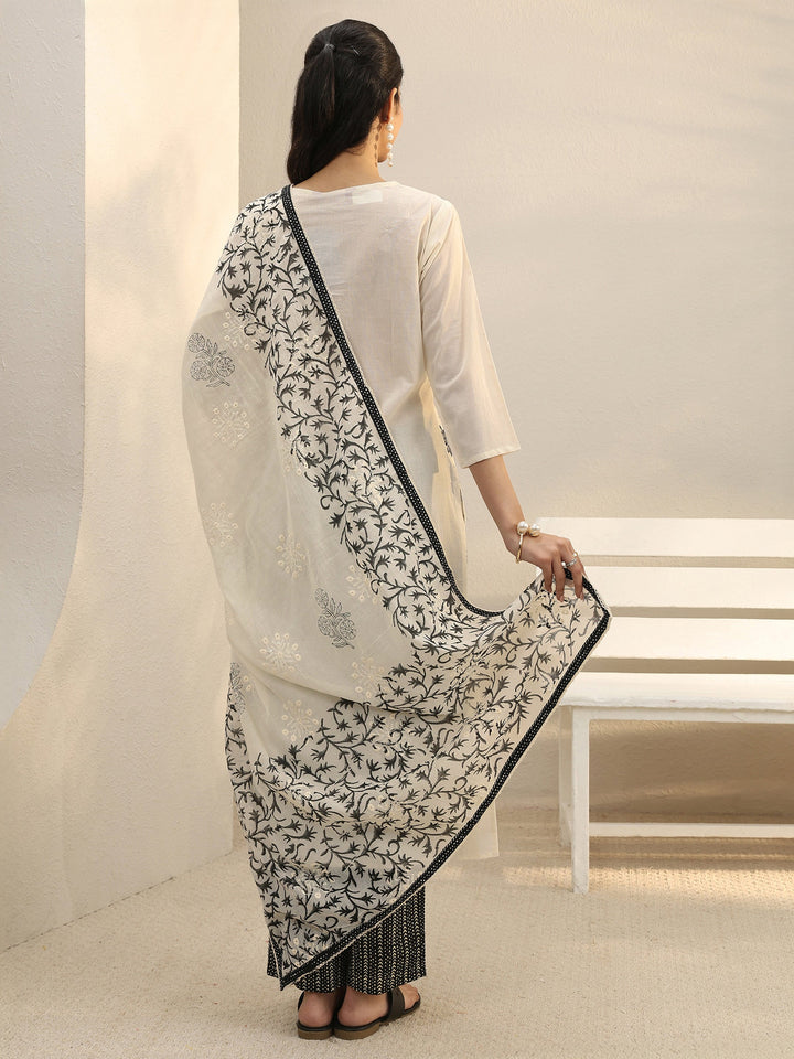 Off White Floral Embroidered Cotton Straight Suit Set