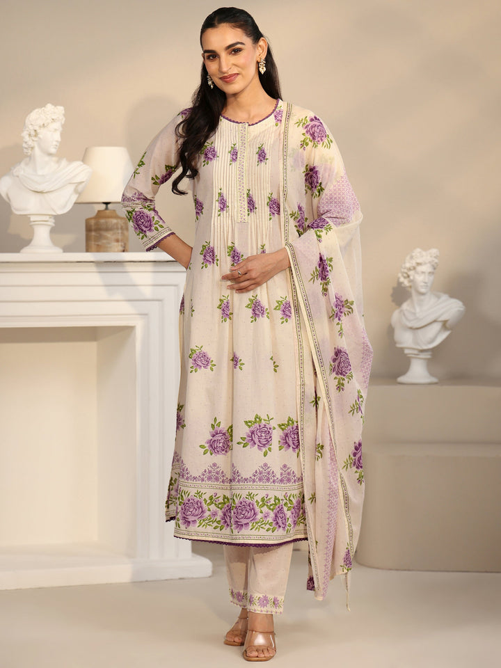 Libas Off White Rose Print Cotton Straight Suit Set