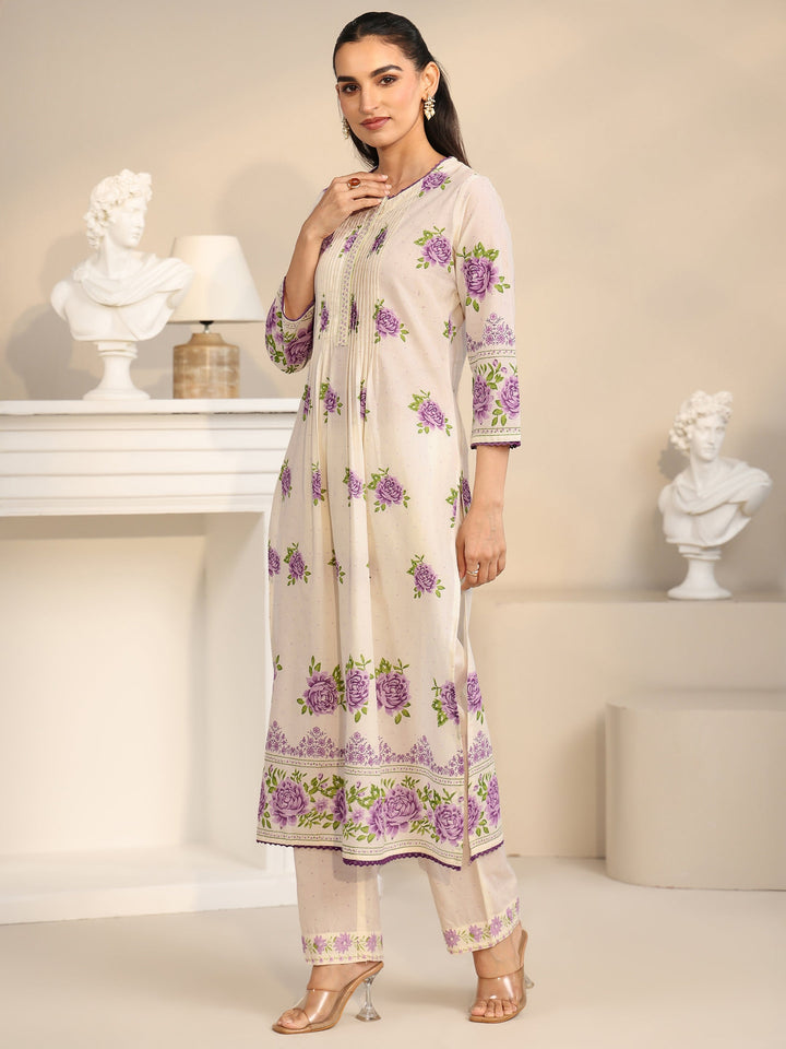 Libas Off White Rose Print Cotton Straight Suit Set