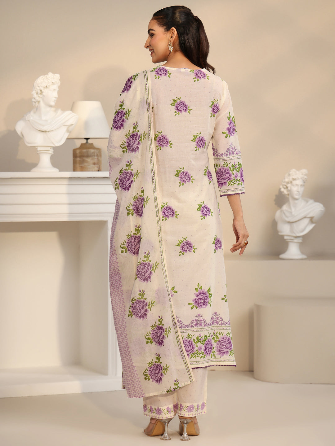 Libas Off White Rose Print Cotton Straight Suit Set