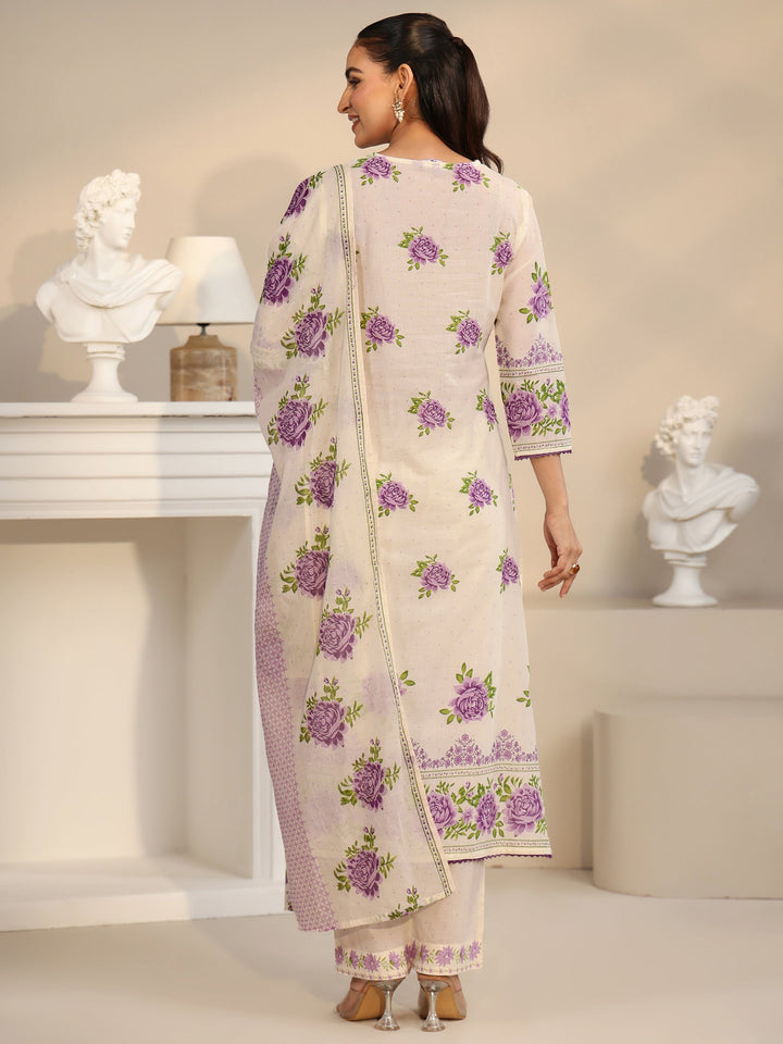 Libas Off White Rose Print Cotton Straight Suit Set