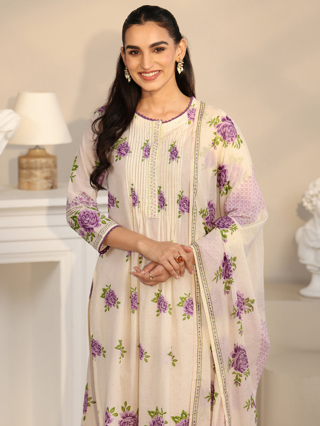 Libas Off White Rose Print Cotton Straight Suit Set
