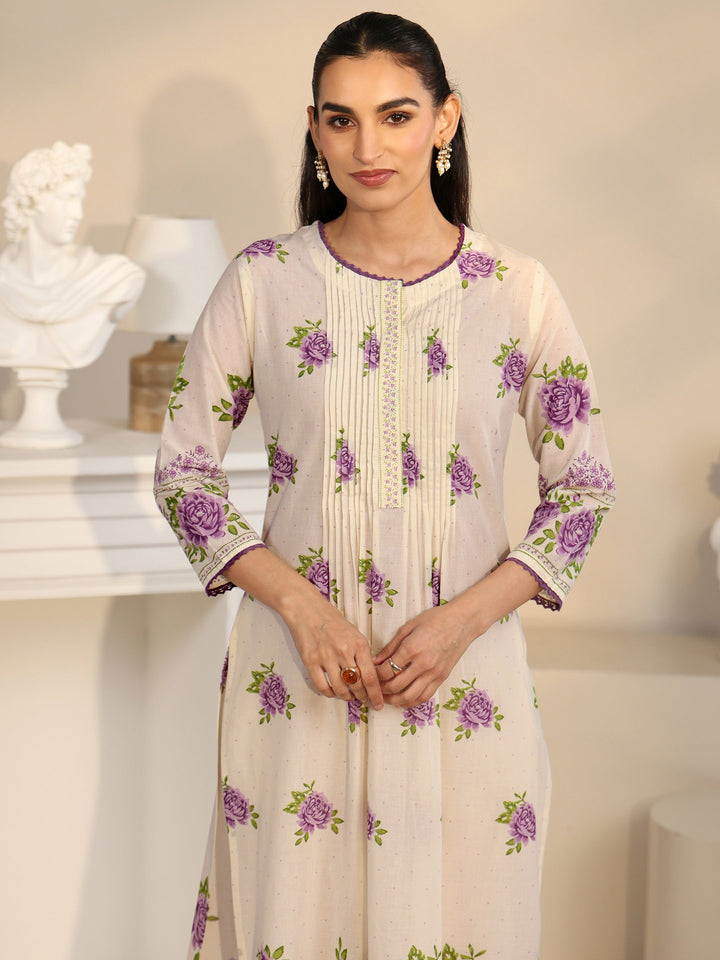 Libas Off White Rose Print Cotton Straight Suit Set