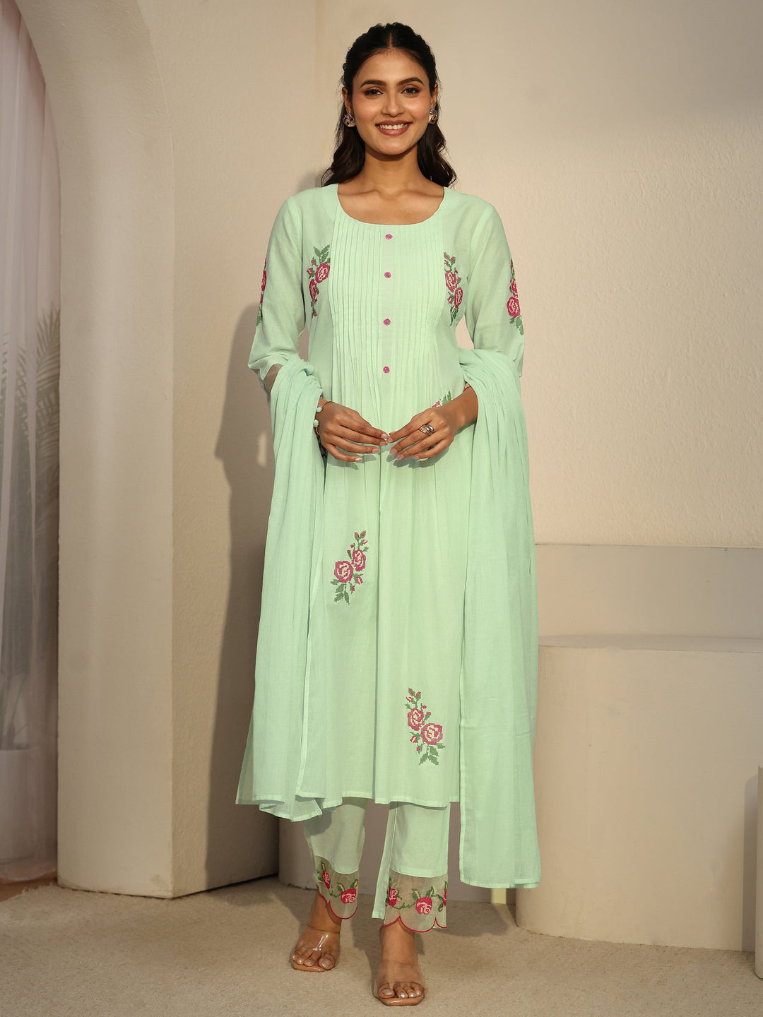 Libas Green Floral Embroidered Cotton A-Line Suit Set