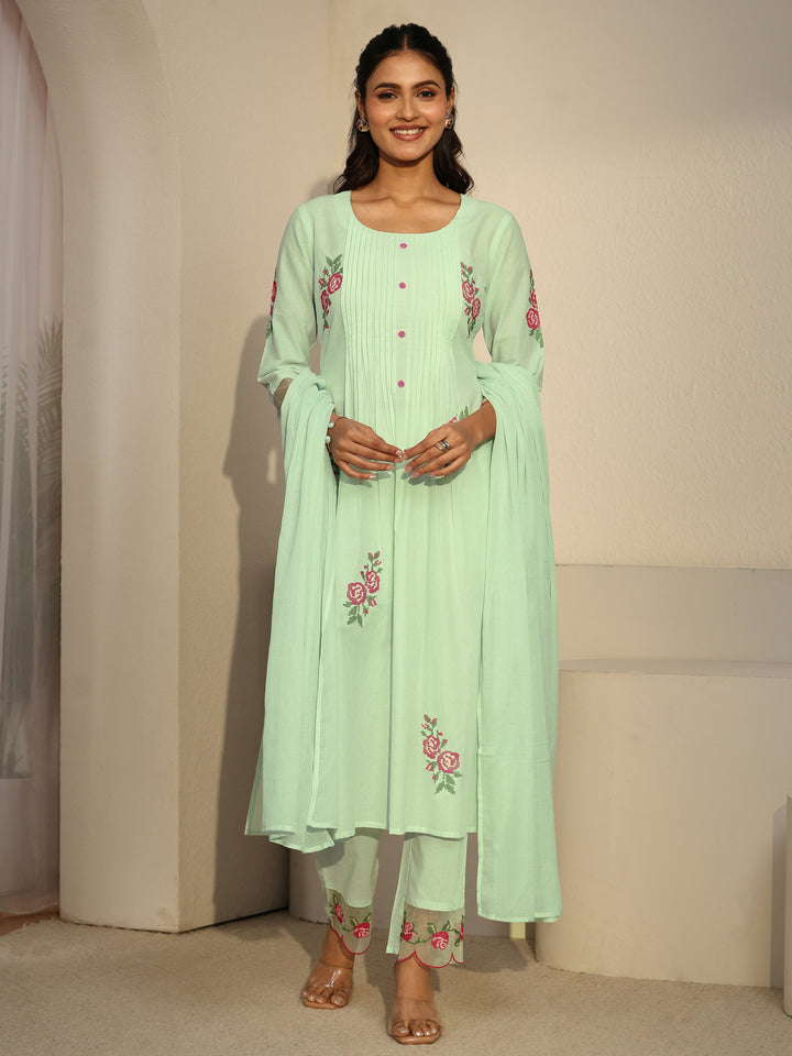 Libas Green Floral Embroidered Cotton A-Line Suit Set