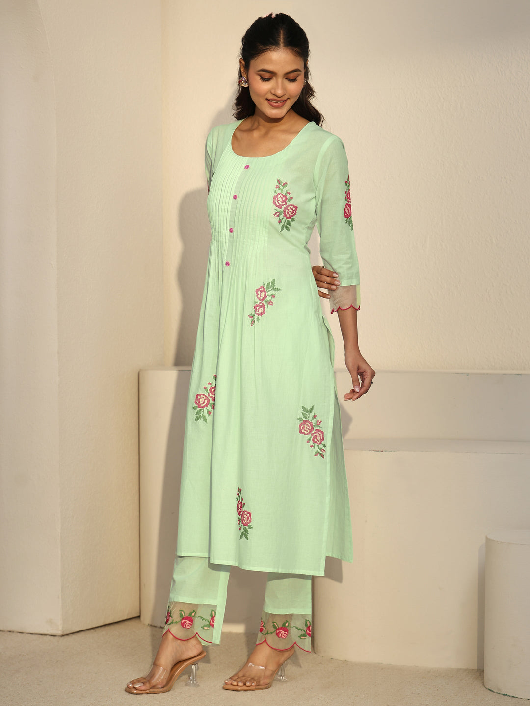 Libas Green Floral Embroidered Cotton A-Line Suit Set