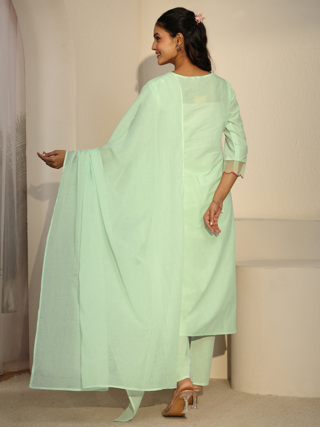 Libas Green Floral Embroidered Cotton A-Line Suit Set