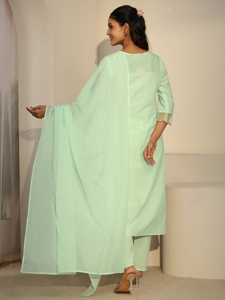 Libas Green Floral Embroidered Cotton A-Line Suit Set