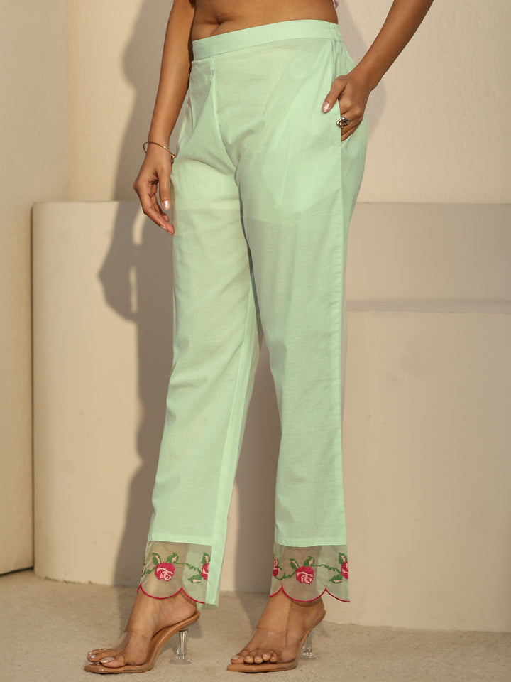 Libas Green Floral Embroidered Cotton A-Line Suit Set
