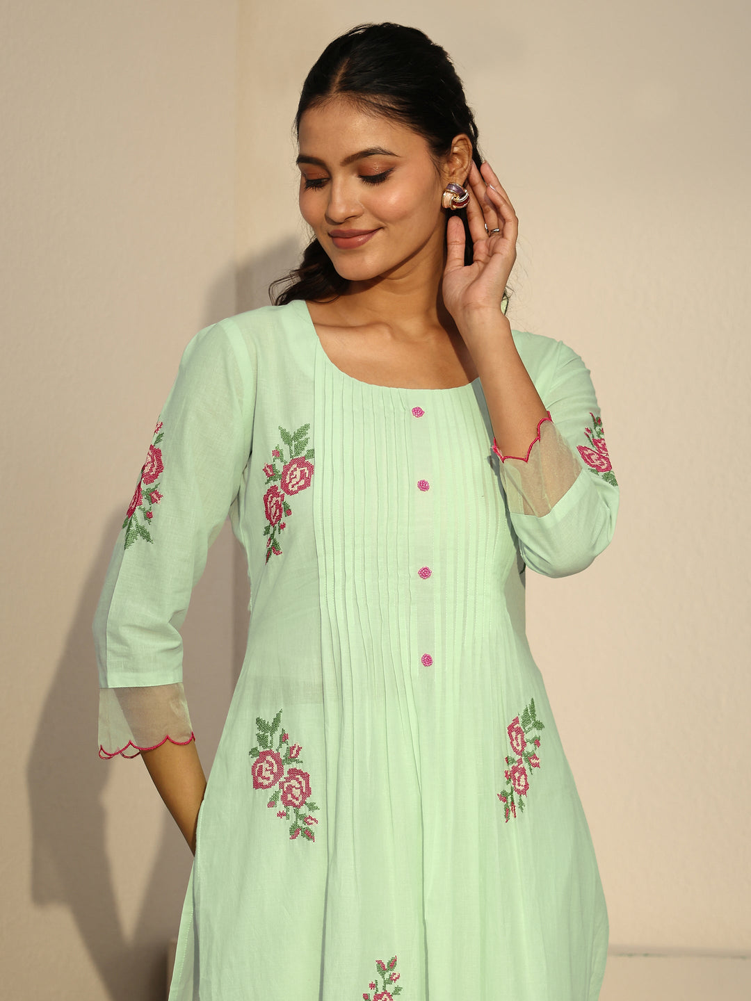 Libas Green Floral Embroidered Cotton A-Line Suit Set