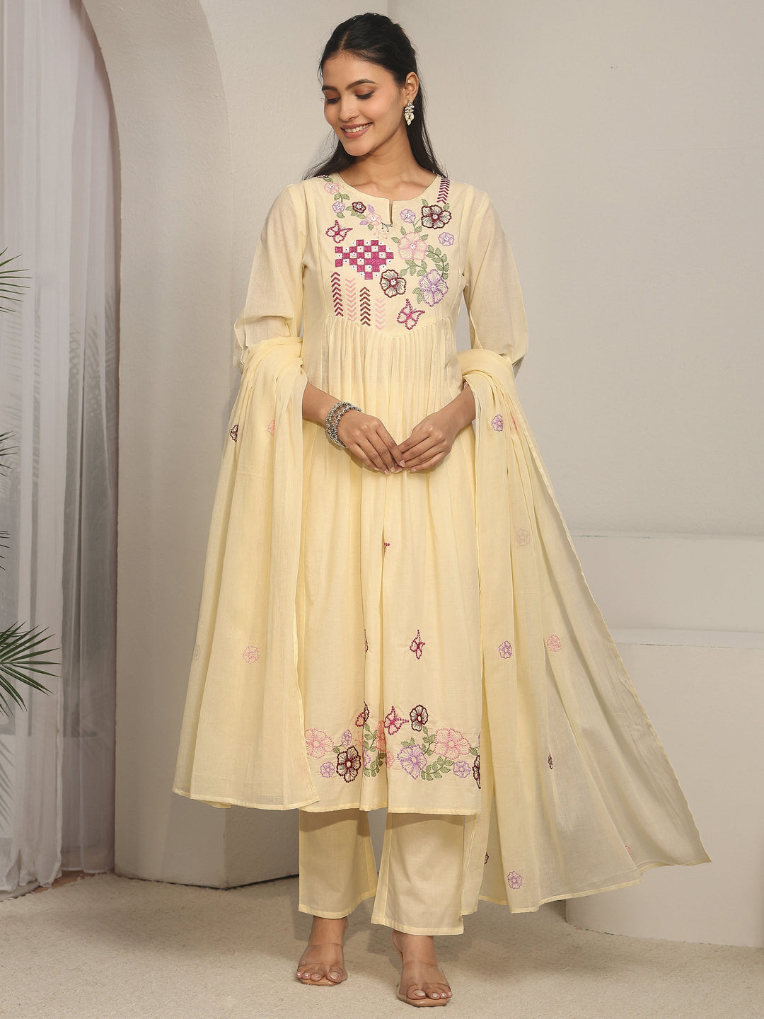 Libas Off White Floral Embroidered Cotton A-Line Suit Set