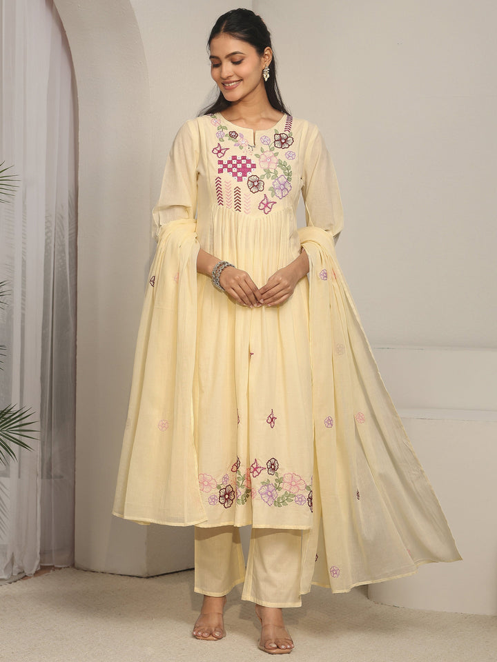 Libas Off White Floral Embroidered Cotton A-Line Suit Set