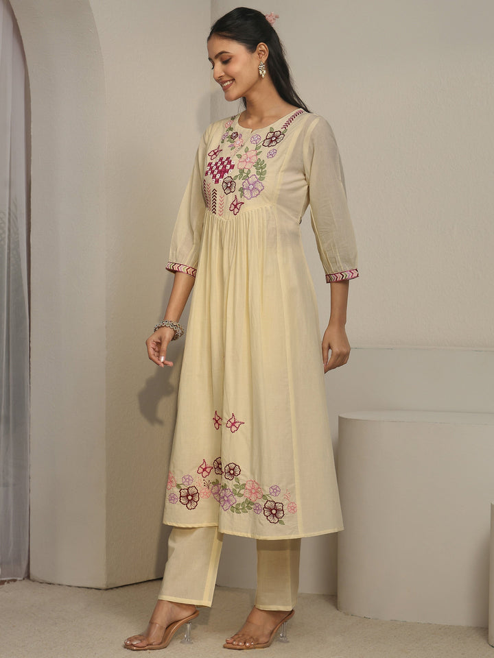 Libas Off White Floral Embroidered Cotton A-Line Suit Set