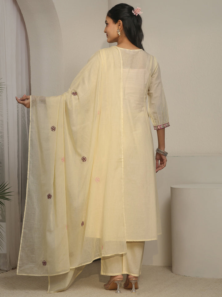 Libas Off White Floral Embroidered Cotton A-Line Suit Set