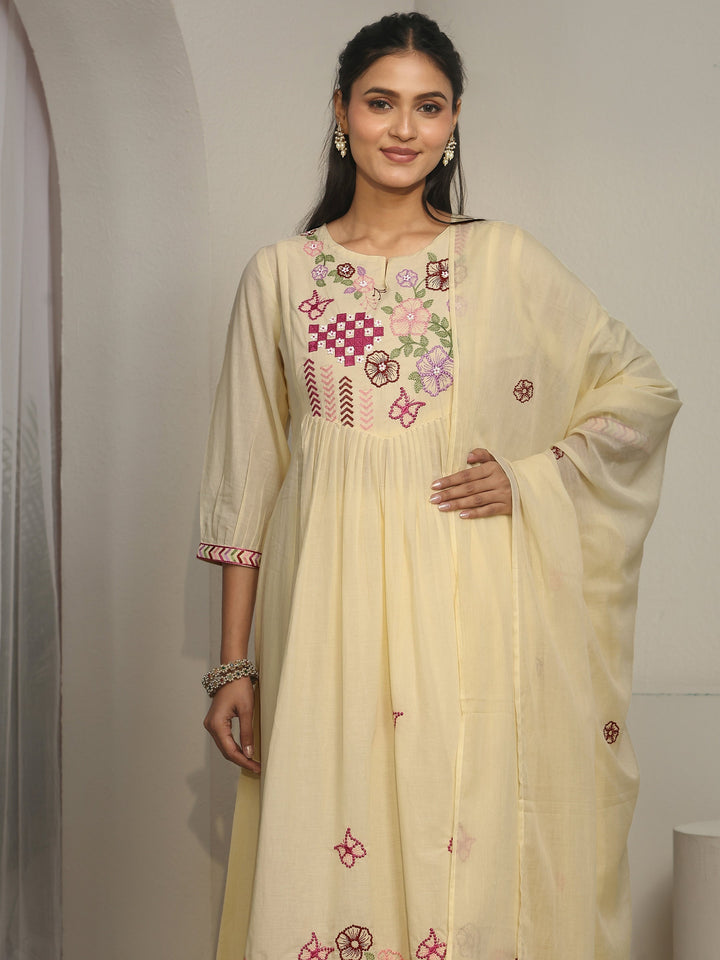 Libas Off White Floral Embroidered Cotton A-Line Suit Set