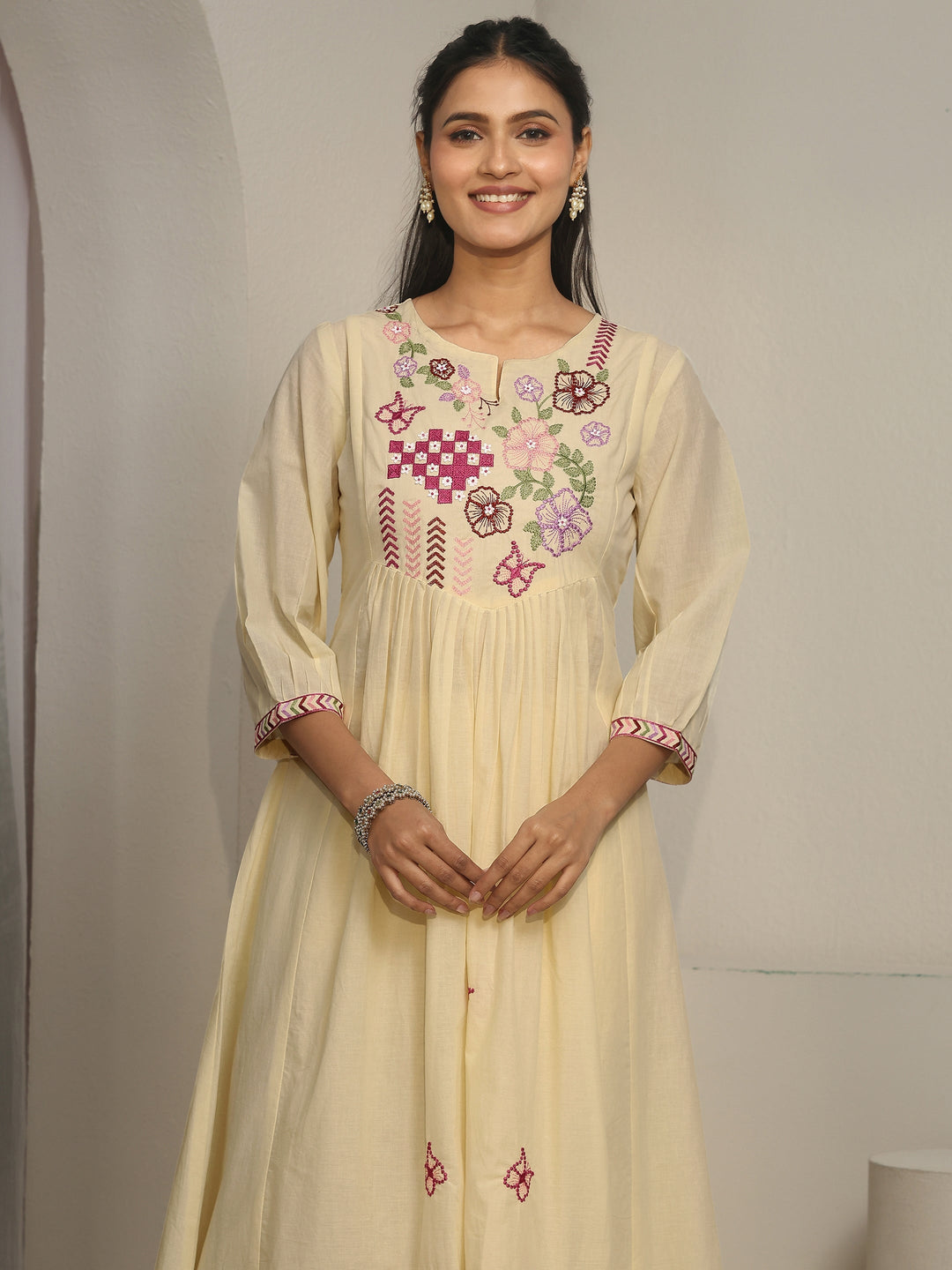 Libas Off White Floral Embroidered Cotton A-Line Suit Set
